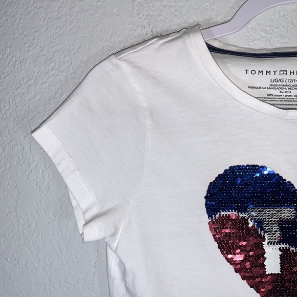 Tommy Hilfiger Sequin Heart TH White Short Sleeve T Shirt size Large Girls - Picture 4 of 7